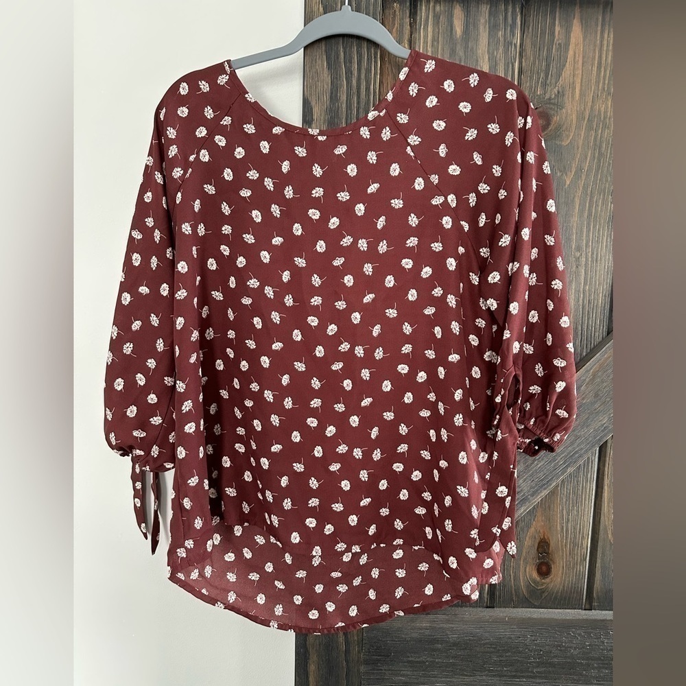 Papermoon Maroon Floral Blouse Round Neck 3/4 Tie Sleeve Small